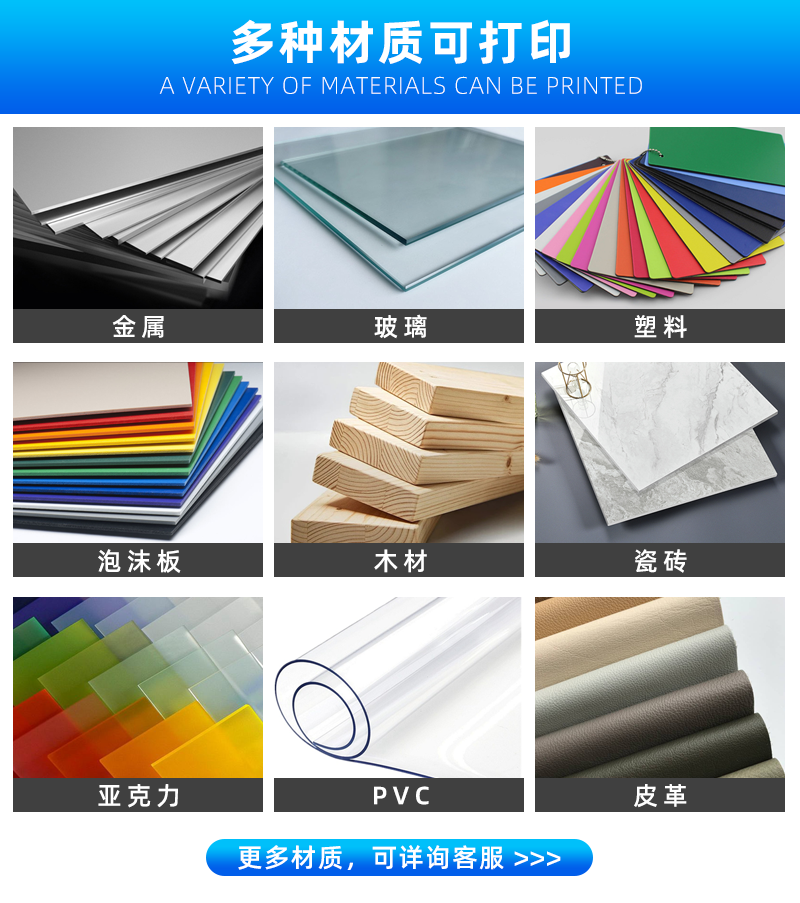 可打印的材料：金屬。玻璃、塑料